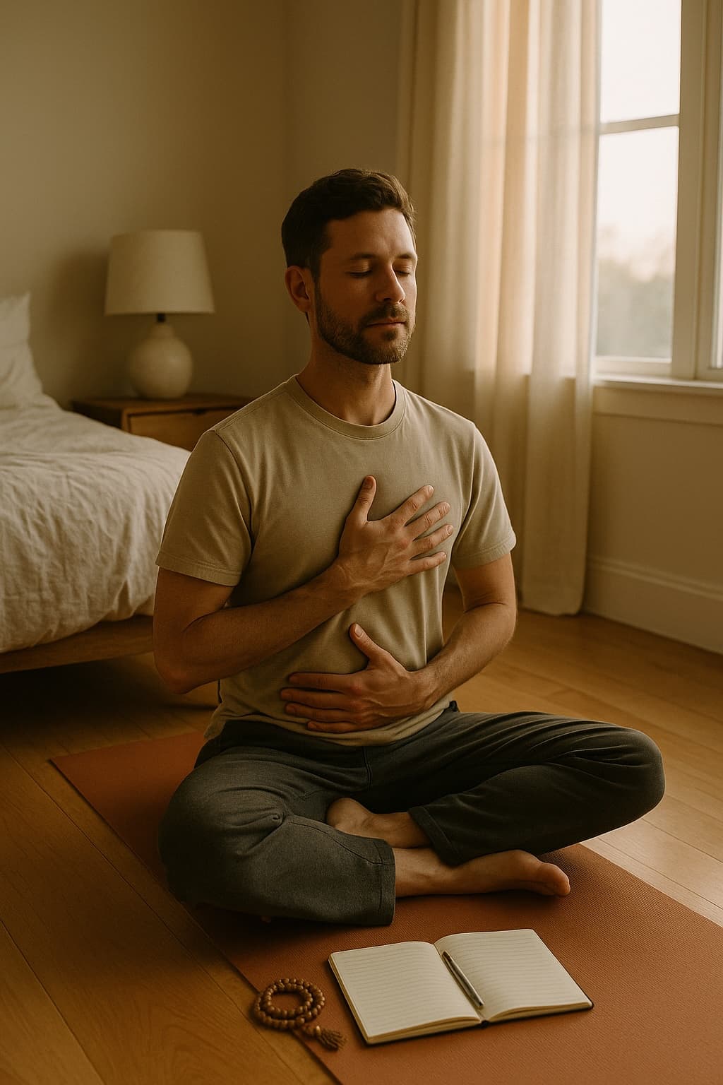 A man sits on a yoga mat in a softly lit bedroom, hands on heart and belly, eyes closed in breath-focused meditation beside a journal and mala beads.