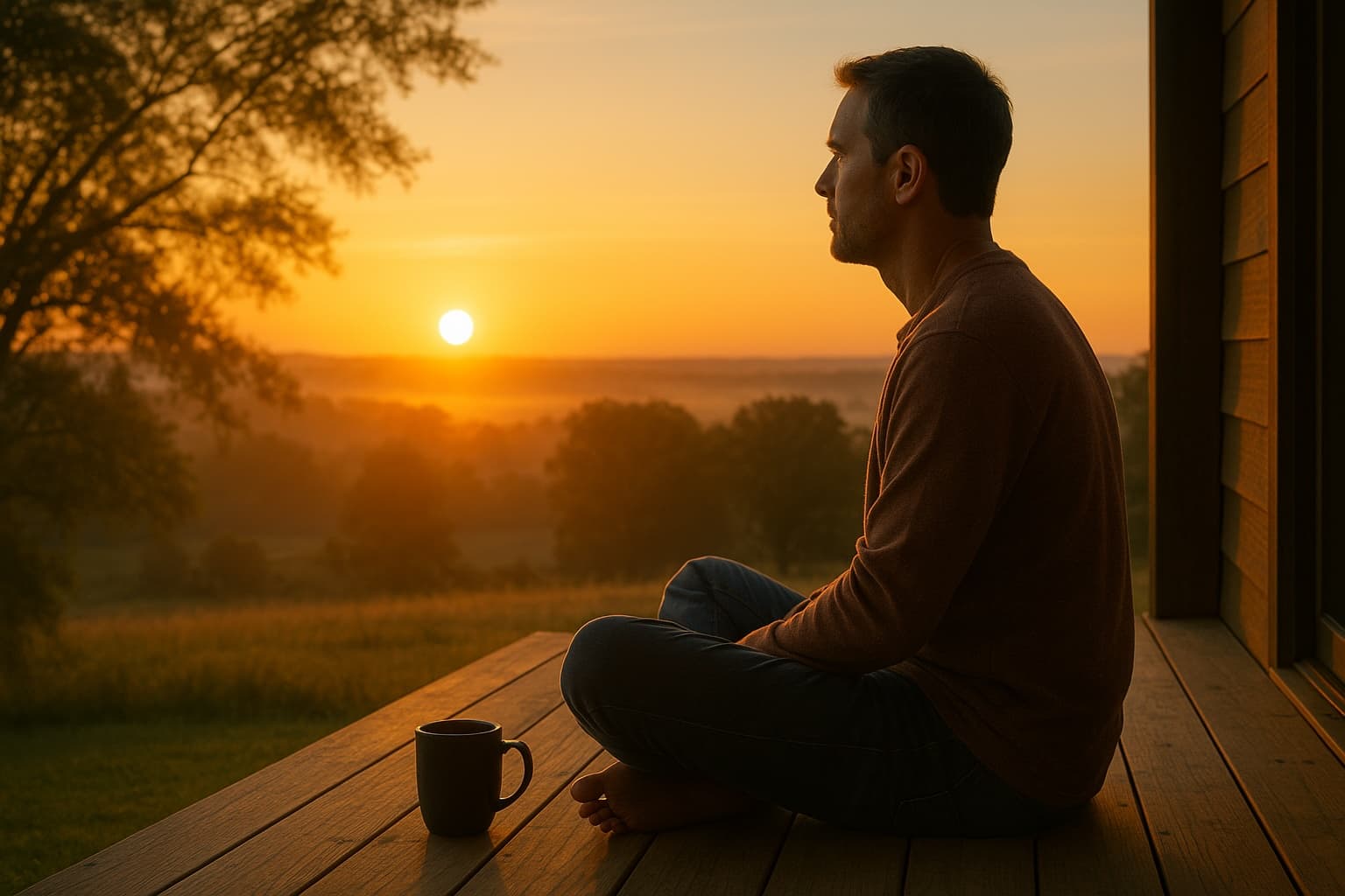 A man sits cross-legged on a wooden porch at sunrise, looking out at the golden landscape with a coffee mug by his side, embodying mindful stillness.