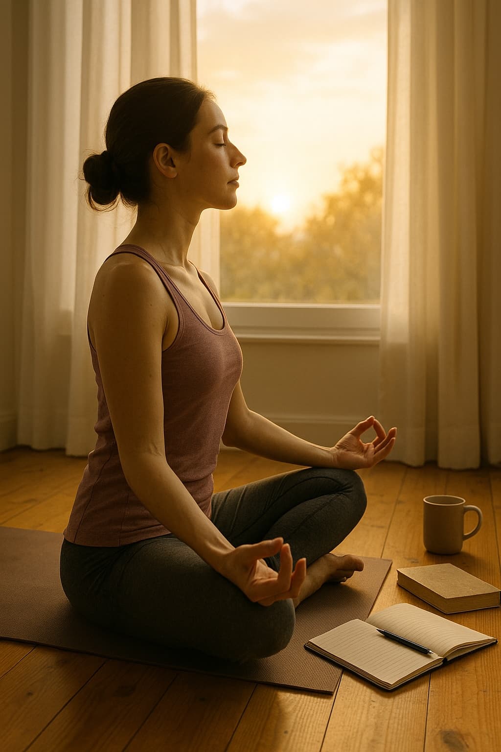 A young woman practices seated meditation on a yoga mat near a window at sunrise, surrounded by a journal, a mug, and a spiritual book in a peaceful space.