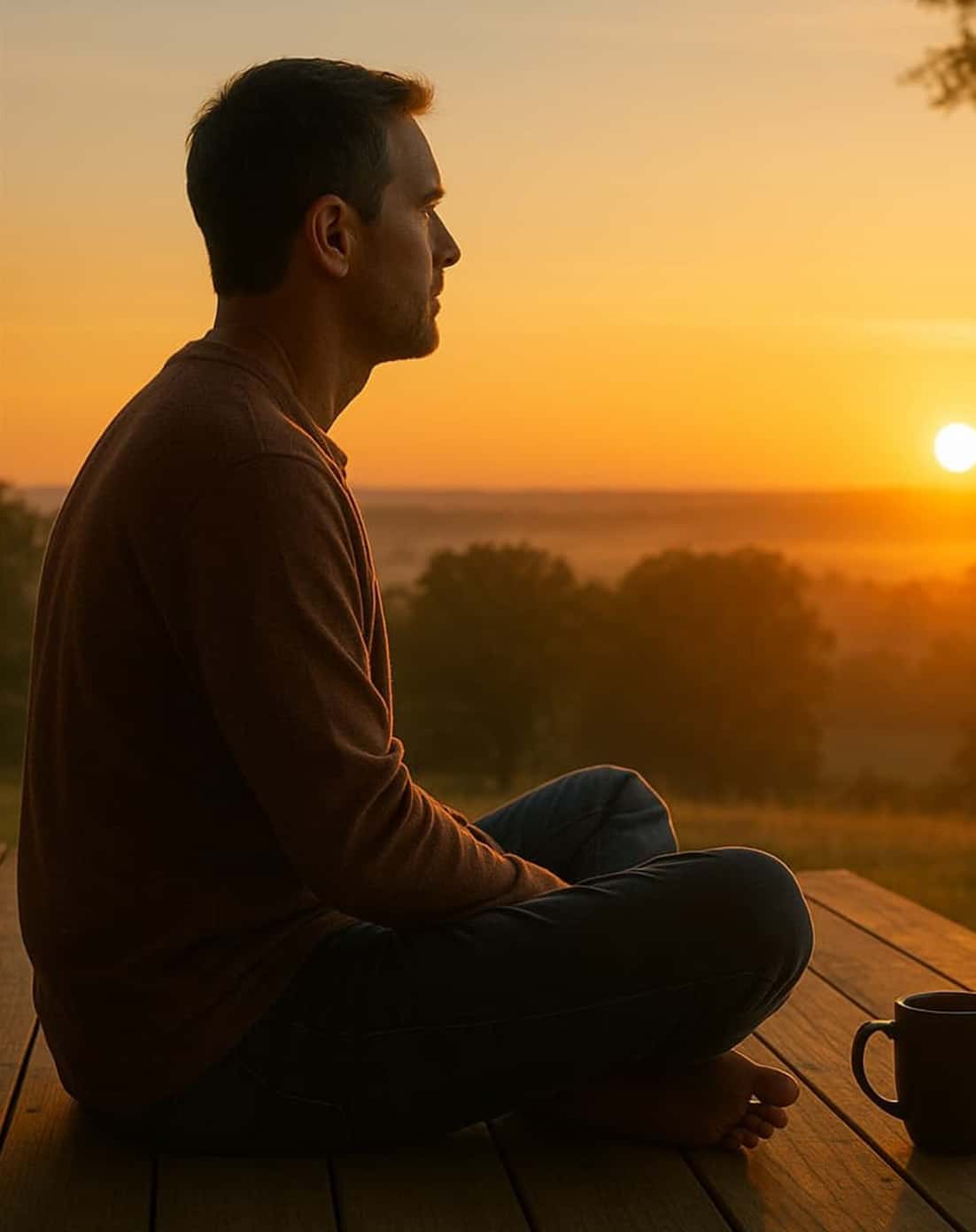 man reflecting on a hill top at sunset