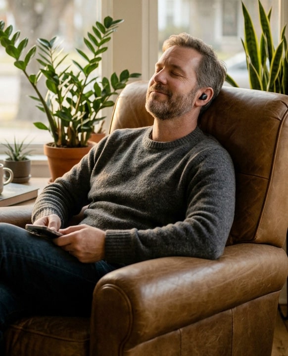 blissful man in chair